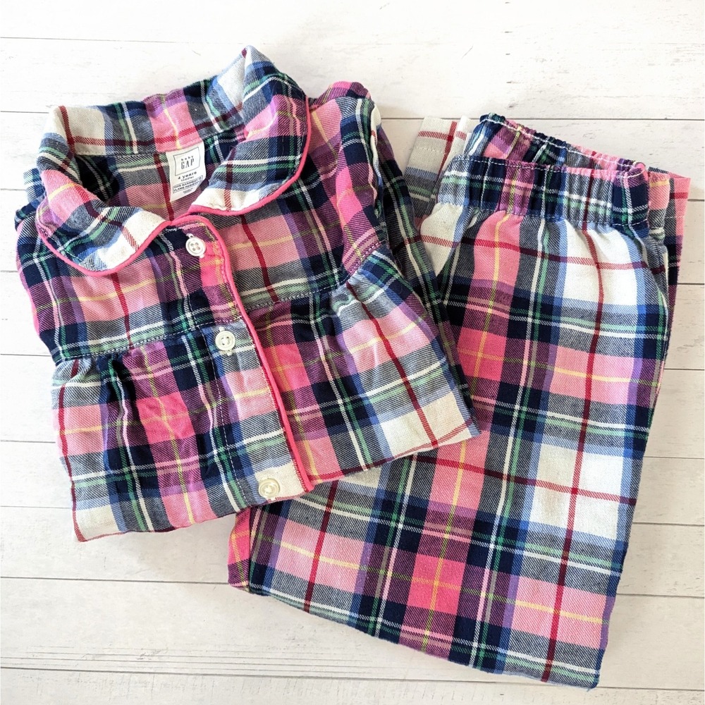 Baby Gap Flannel 2-piece Pajama Set Pink Blue Plaid Button Up Toddler PJs 4T